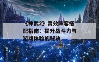 《神武2》高效阵容搭配指南：提升战斗力与游戏体验的秘诀